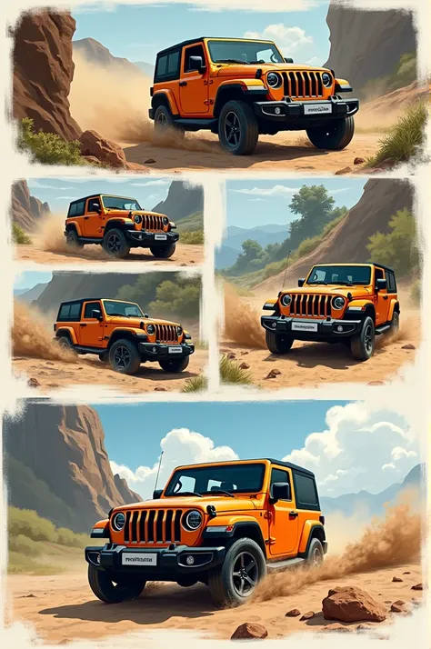 Create a story board with a different perspective angles and compositions for the brand
"MAHINDRA THAR" with concept in 10 to 12 frames use in any medium.