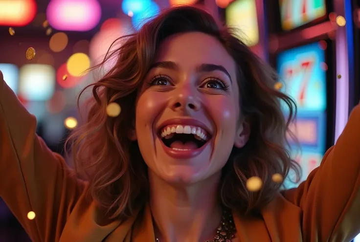 (Ecstatic woman, winning jackpot, playing casino slot machine), 777 display, gold coins raining down, overjoyed expression, arms raised in celebration, radiant smile, sparkle in eyes, vibrant casino lights, coins piling around her feet, lucky moment, dynam...