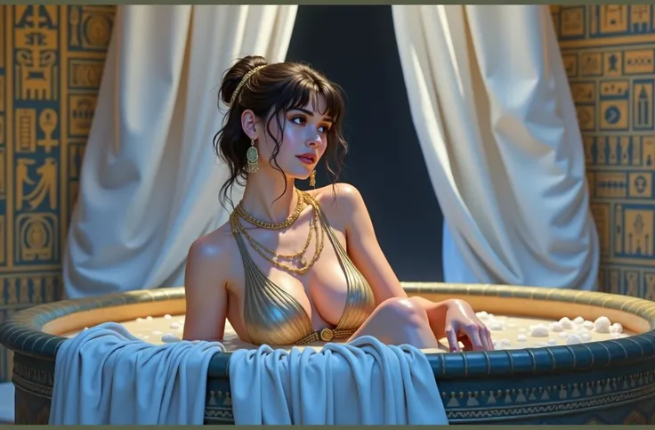 A beautiful Egyptian woman dressed in brown silk bathes in milk in an ancient thermal bath.. The bathroom walls are adorned with intricate hieroglyphics.., Telling stories of ancient Egypt. A soft light filters through an upper opening., throwing a warm, G...