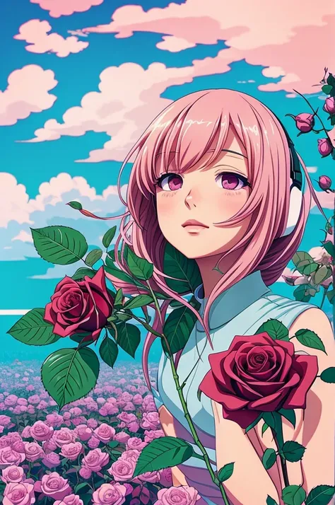 A girl holding a rose (plant) in soft color anime styled artwork for music, trippy