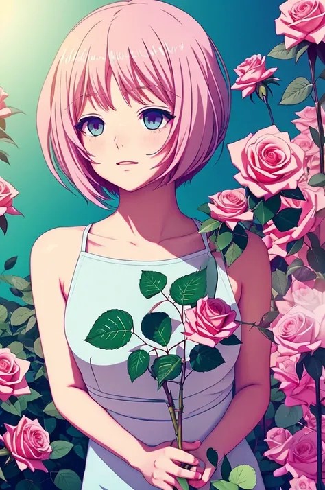 A girl holding a rose (plant) in soft color anime styled artwork for music, trippy