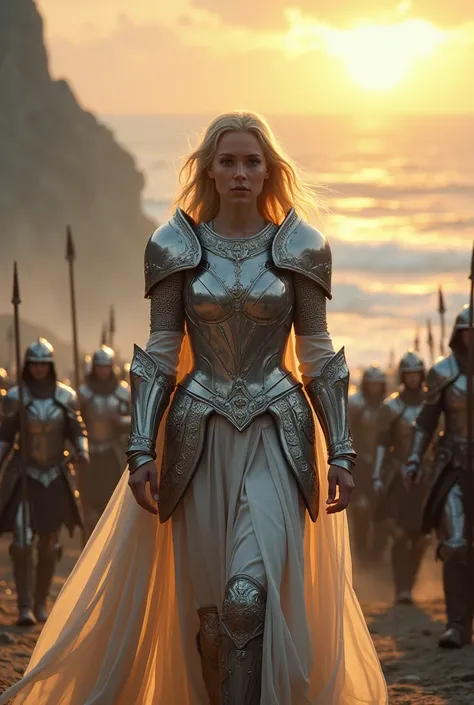 A woman dressed in white armor in front of a large army in a valley facing the sunset of the sea