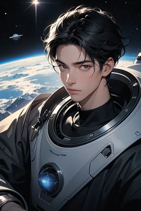 A handsome man. Twenty-three years old. Black hair. He is looking at the camera with a serious expression. In the space behind the man, a silver road spirals into outer space and into that outer space.