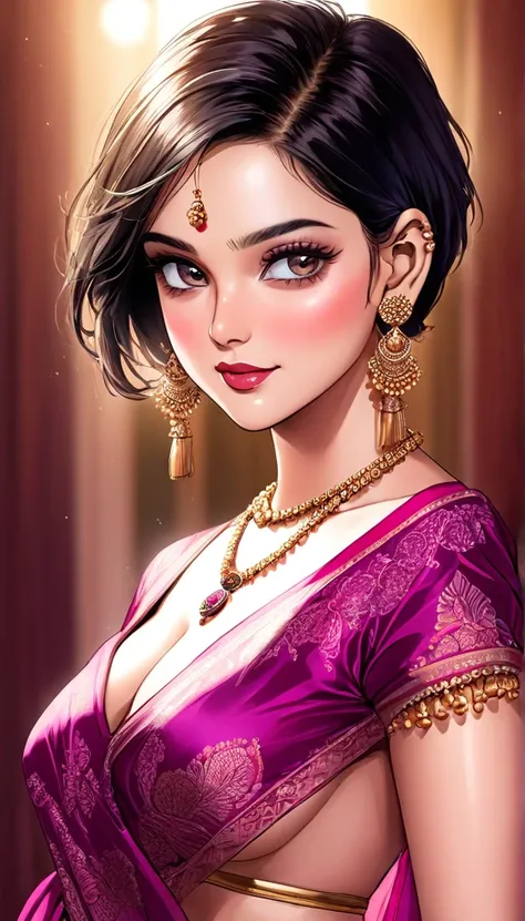 (Comic illustration)Renowned actress at the age of 28 wearing a provocative magenta silk  saree with intricate patterns, braless, tassel earrings, short hair , saggy breasts ,face makeup, beautiful, alluring,long kundan  jhumka earrings , necklace,white sk...