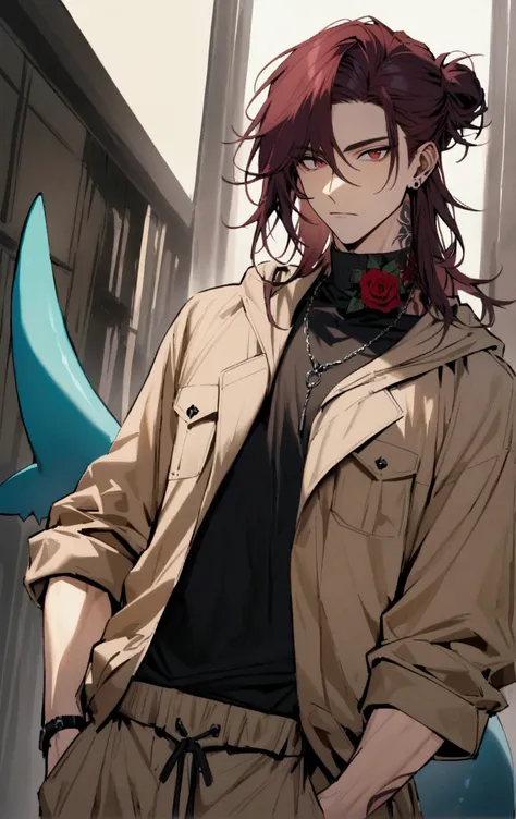 high detailed, Male, maroon long hair with a manbun, red eyes, tattoos of roses on the neck, shark fins on elbows, fins on his back, Shark tail. mock-neck black shirt, beige parka, beige jacket, black baggy cargo pants. Handsome, masculine, Handsome, mascu...