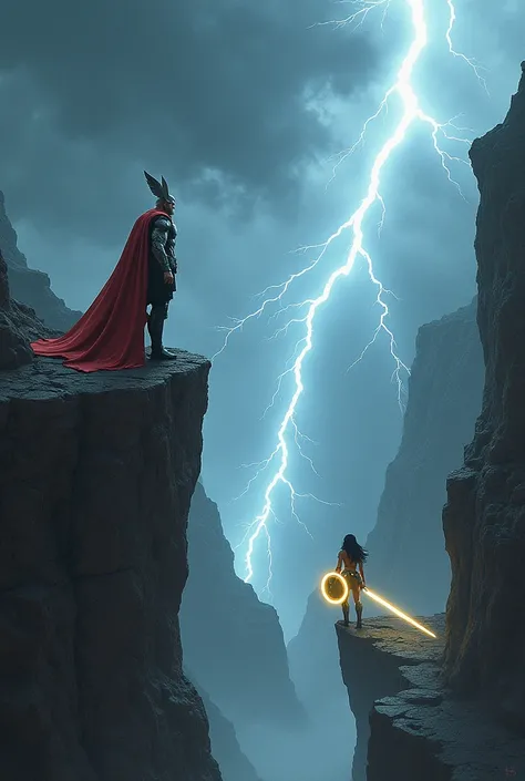 Thunderstorm Overlook: Thor stands on a rocky precipice, Mjölnir crackling with energy, as he watches a storm brew. From the opposite side, Wonder Woman approaches with her sword drawn, her shield glowing with Amazonian power. Describe their tense standoff...