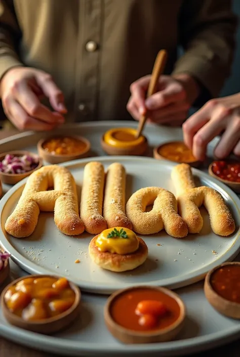 There are six cream rolls on a plate. He is making Allah with the six rolls and on the side of it are chutney, chilli and onions and a guy is asking for something and is writing Allah 6 cream rolls to the people.