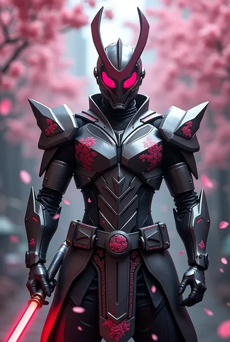 Create a Kamen Rider design that combines the image of a samurai and a robot, with armor made of metal and featuring cherry blossom motifs. The transformation item is a laser sword.