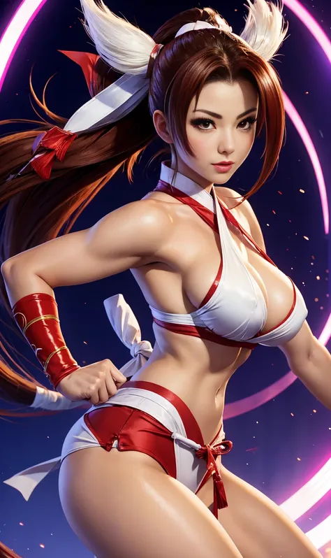 Mai Shiranui&#39;s super thick breasts、black hair with a big ponytail、、8k, 4k, Of the highest quality, High resolution: 1.2),flicker、an exposed breast, and exposed vagina cute anime face、pink blush on the cheeks.、noise removal,very close to the screen.. ((...