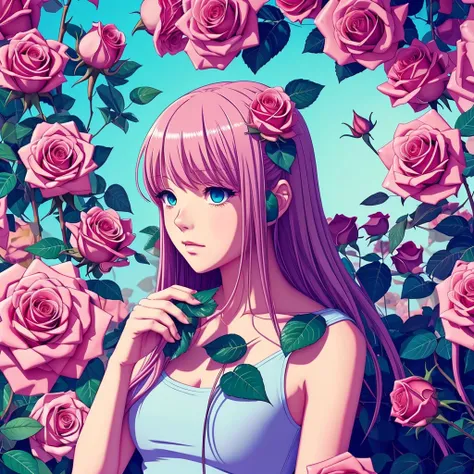 A girl holding a rose (plant) in soft color anime styled artwork for music, trippy