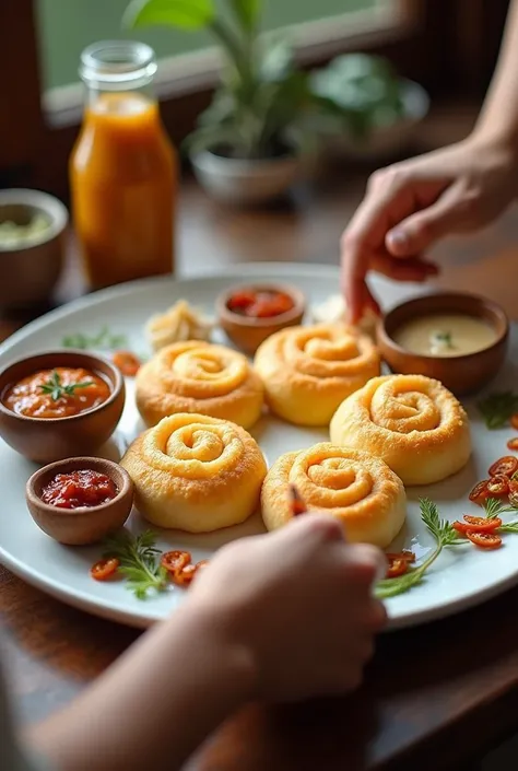 There are six cream rolls on a plate. He is making Allah with the six rolls and on the side of it are chutney, chilli and onions and a guy is asking for something and is writing Allah 6 cream rolls to the people.