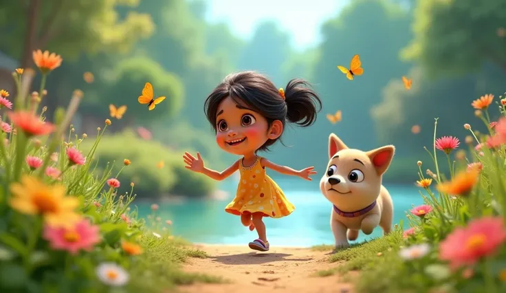 Generate 3d animated image: Chanda, a young girl in a colorful dress, and           Chintu, a small, playful dog, are playing near the riverbank. They are chasing.    
 butterflies, laughing, and enjoying their time together. The scene is vibrant with bloo...