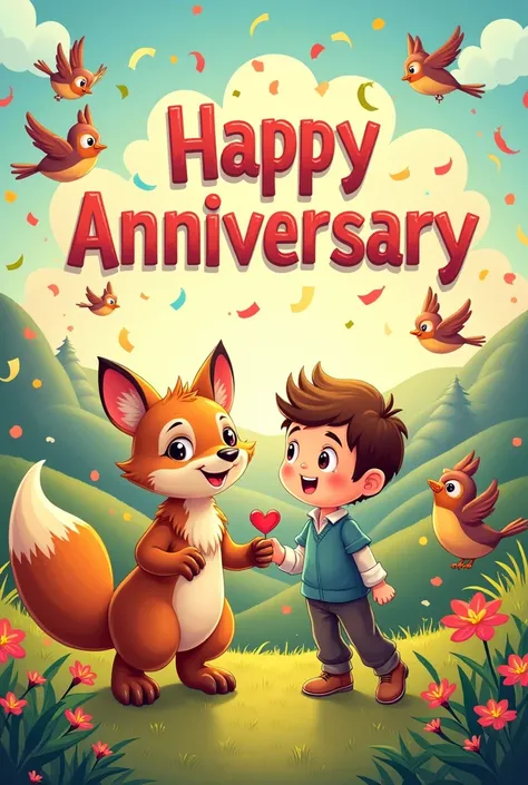 Create a cartoon image in which there are a animal some birds and some human character and in the center write "Happy anniversary"in very unique and interesting way