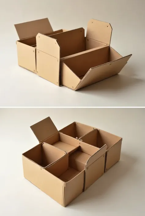 I need you to create a design for a box made of cardboard to store gifts but when opened it has an apparently 3-fold function and has a double function, double use.