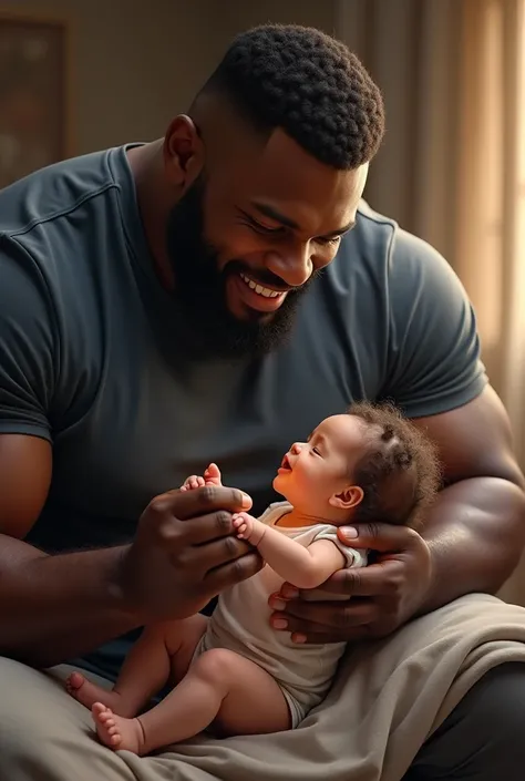 A tall, strong black football player applying diaper rash ointment to his 1-year-old daughter