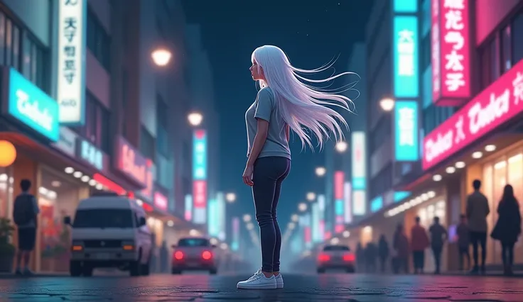 , Look at the sky, Long white hair, Hair swaying in the wind, skinny pants, Grey blouse, Adidas Grand Court SE, Night weather, In the middle of town, neon, People and cars in the background