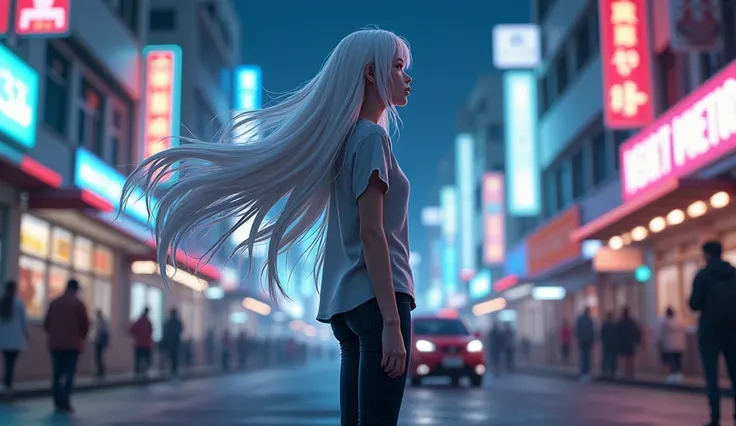 , Look at the sky, Long white hair, Hair swaying in the wind, skinny pants, Grey blouse, Adidas Grand Court SE, Night weather, In the middle of town, neon, People and cars in the background