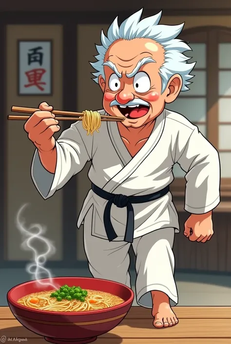 The character is based on the scene where Master Miyagi from Karate Kid is kicking and eating ramen.、I made a cute character out of a Japanese old man, eating ramen with chopsticks, wearing a karate uniform, doing an upper kick, in an anime style with chop...