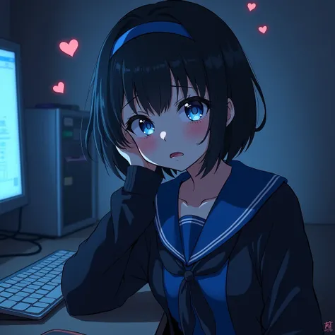 One person, Black Hair,Blue inner color,Hairstyle: Short bob, bangs,Blue Eyes, Droopy eyes,Hearts in eyes, Blue headband, anime, anime風, skirt,Frills,Mine system,smartphone,Blue sailor suit,Dark cardigan,Drooping eyes,Confused eyes,Worried brow,Yandere,bac...