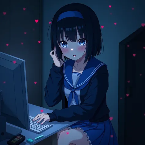 One person, Black Hair,Blue inner color,Hairstyle: Short bob, bangs,Blue Eyes, Droopy eyes,Hearts in eyes, Blue headband, anime, anime風, skirt,Frills,Mine system,smartphone,Blue sailor suit,Dark cardigan,Drooping eyes,Confused eyes,Worried brow,Yandere,bac...