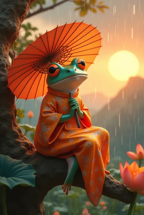 Tree frog，She is wearing a gorgeous orange Chinese dress with a floral pattern.，Sleeping on a tree，Ultra-realistic，high resolution，Standing with a lotus leaf umbrella，It is raining in the background，The background is the hilltop at sunset，
