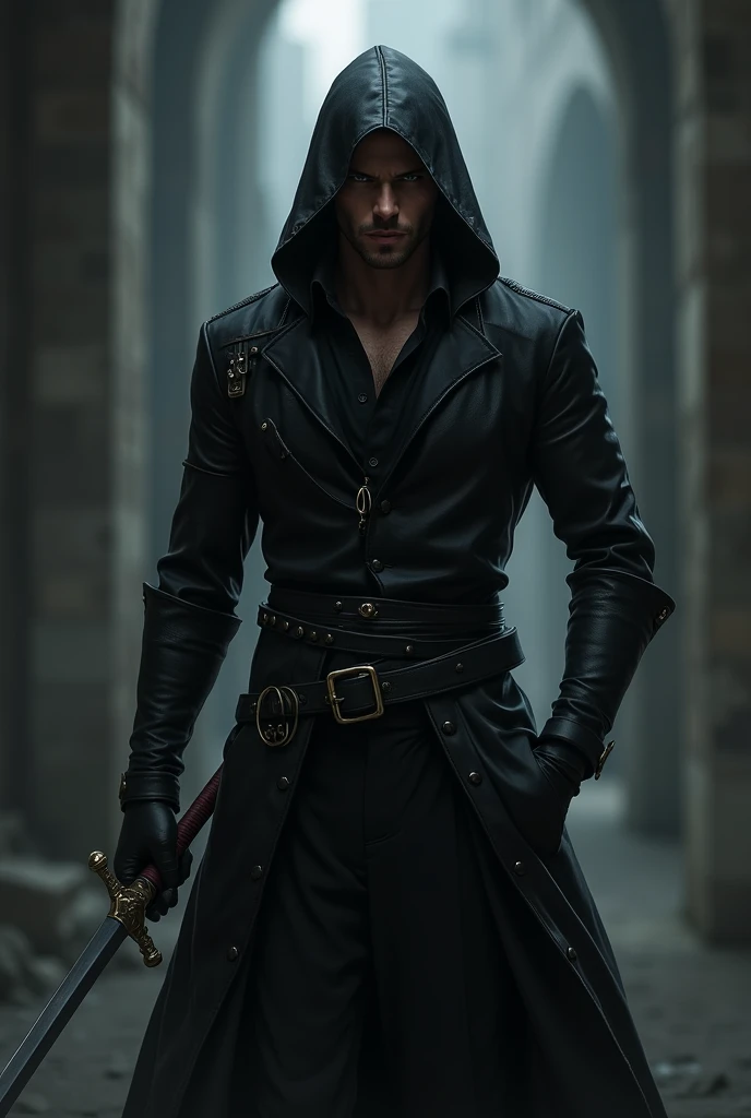 Male rogue swordsman character in black clothes with a rapier