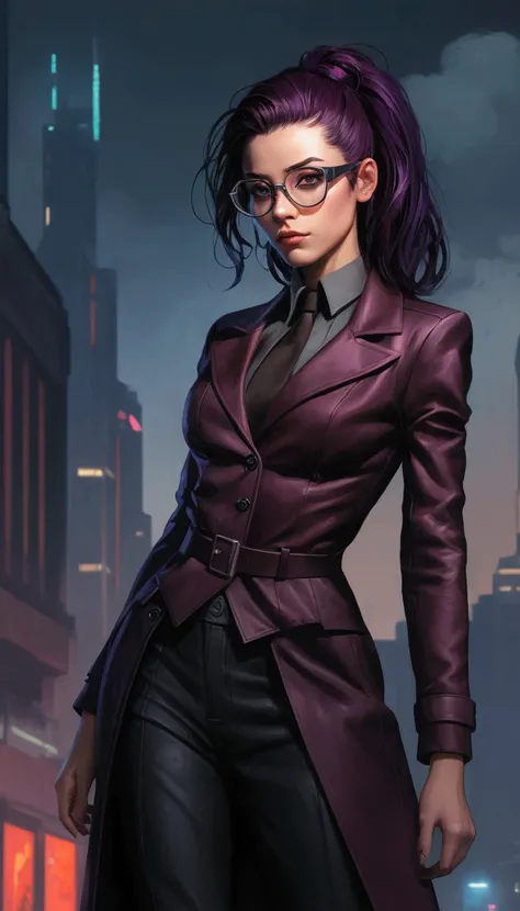 an ugly very thin and slender woman in a long coat and round glasses standing on a street of a modern city at night, kate bishop, cyberpunk judy alvarez, style artgerm, anya from the spy family x, cyberpunk jackie welles, style of raymond swanland, cyberpu...