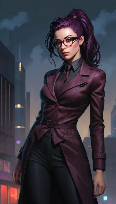 an ugly very thin and slender woman in a long coat and round glasses standing on a street of a modern city at night, kate bishop, cyberpunk judy alvarez, style artgerm, anya from the spy family x, cyberpunk jackie welles, style of raymond swanland, cyberpu...