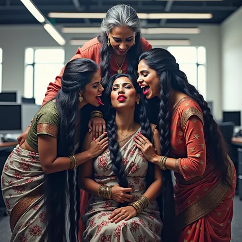 in luxerius office items sorrounded bright lighted modern indian office,two 65 years old mature eldery indian ladies and two 40 years old mature indian ladies,total 4 ladies involving and licking their hairs of each others wildly,First 65 years old eldery ...