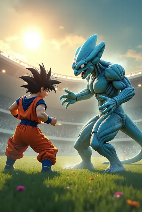 Freezer ultra instinct versus Goku in the martial arts tournament without people that there is grass and sun that is Freezer but the one from the saga