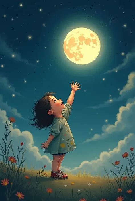 A small girl toching moon in night sky