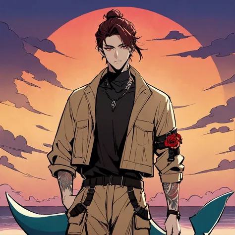 high detailed, male, maroon long hair with a manbun, red eyes, tattoos of roses on the neck, shark fins on elbows, shark tail. m...