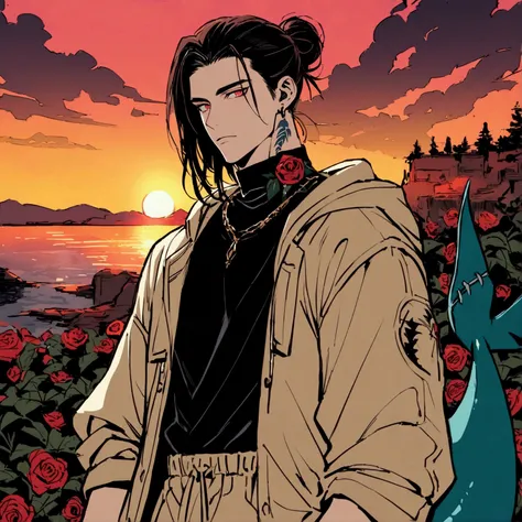 high detailed, male, maroon long hair with a manbun, red eyes, tattoos of roses on the neck, shark fins on elbows, shark tail. m...