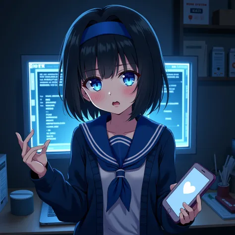 One person, Black Hair,Blue inner color,Hairstyle: Short bob, bangs,Blue Eyes, Droopy eyes,Hearts in eyes, Blue headband, anime, anime風, skirt,Frills,Mine system,smartphone,Blue sailor suit,Dark cardigan,Drooping eyes,Confused eyes,Worried brow,Yandere,bac...