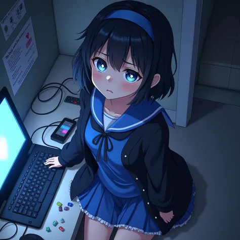 One person, Black Hair,Blue inner color,Hairstyle: Short bob, bangs,Blue Eyes, Droopy eyes,Hearts in eyes, Blue headband, anime, anime風, skirt,Frills,Mine system,smartphone,Blue sailor suit,Dark cardigan,Drooping eyes,Confused eyes,Worried brow,Yandere,bac...