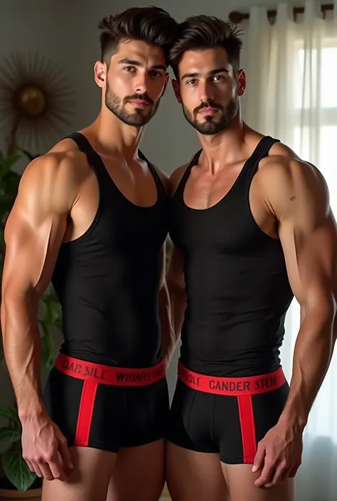 A man black   in tank top under vest and 
wide  red colour stripline on tank top under vest and were black trunk underwear and  wide  red colour stripline on underwear  with one boy friend in same clothes in home