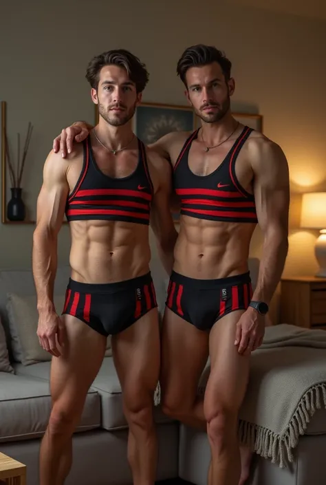 A man  in tank top under vest and red colour stripline on tank top under vest and were black trunk underwear and red colour stripline on underwear  with one boy friend in same clothes both Man are in home