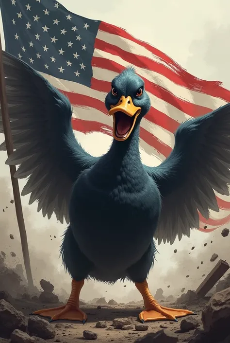 A brutal American flag-holding duck
