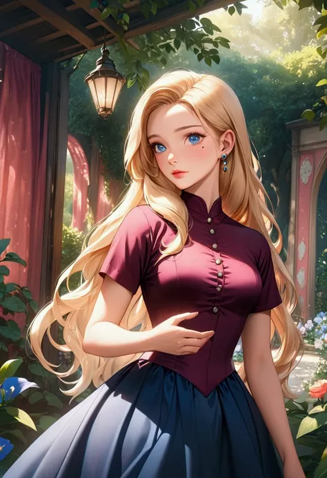 a beautiful disney princess with long blonde hair, piercing blue eyes, delicate facial features, lush full lips, flawless porcelain skin, wearing an elegant ballgown, posing gracefully in a lush fantasy garden setting, sunlight streaming through the trees,...