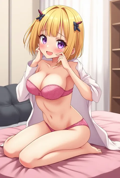 8k,Highest,quality,(highest quality:1.1), (masterpiece:1.4), (Confused:1.0), 
1 person, Deviluke Type, hair ornaments, Bobcut, Short Hair Yellow Hair, Purple eyes, Narrow waist,big chest,  ((pink panties)),Underwear only,((bed)),((In her room)), (blush:1.2...