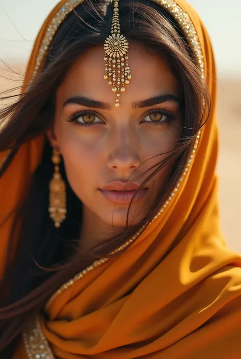 close-up portrait of 1 Persian princess, royal clothes, makeup, jewelry, windblown long hair, honey eyes, symmetrical, desert, ((sands, dust and fog, sandstorm, winds)) bokeh, depth of field , centralized, high detail, (masterpiece, UHD, best quality, 8k)