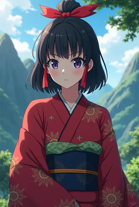 Kimetsu no Yaiba screenshot of a girl with black hair parted in two, her hair tied with a red ribbon. A beautiful scenery behind her. She is wearing a red kimono. Ufotable, ss4