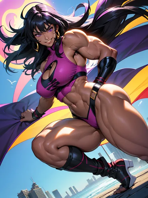 black fur, very long hair, Bangs Hair, purple eyes, tanned skin, muscular, bodybuilder, big breasts, thick thighs, round buttocks, happy buttocks, wide shoulders, Wide hips, sexy smile, leg warmers, sleeveless, superhero flying, (Latina Woman)(1 girl), J-C...