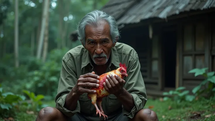 An Thai older man is sitting eat the chicken in the mans mouth is blood He’s Sitting next to an old house inside the forest view from another man. 8k  