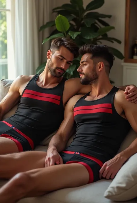 A man  in tank top under vest and red colour stripline on tank top under vest and were black trunk underwear and red colour stripline on underwear  with one boy friend in same clothes both Man are in home