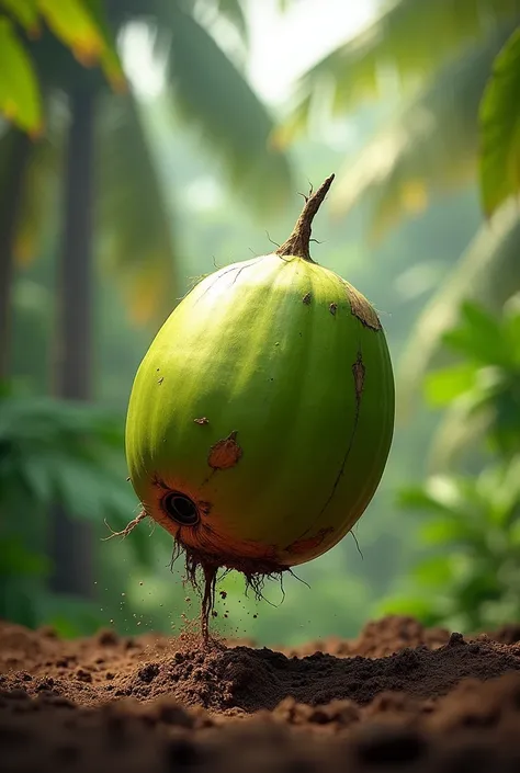 Fresh kerala Coconut falling down to land and bounced