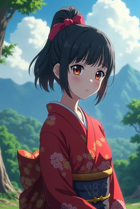 Kimetsu no Yaiba screenshot of a girl with black hair parted in two, her hair tied with a red ribbon. A beautiful scenery behind her. She is wearing a red kimono. Ufotable, ss4