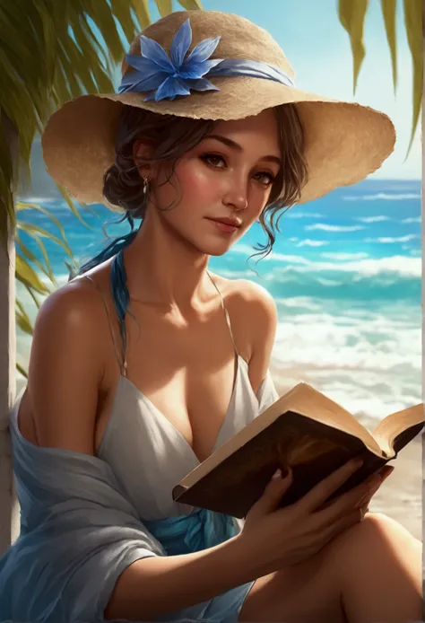 a picture of a mature woman reading a book on the beach during summer vacation, a beautiful mature woman, dynamic hair color, dynamic hair style, dynamic skin complexion, reading a book at the beach, wearing light dress, beach at summer time, sunny day, fa...