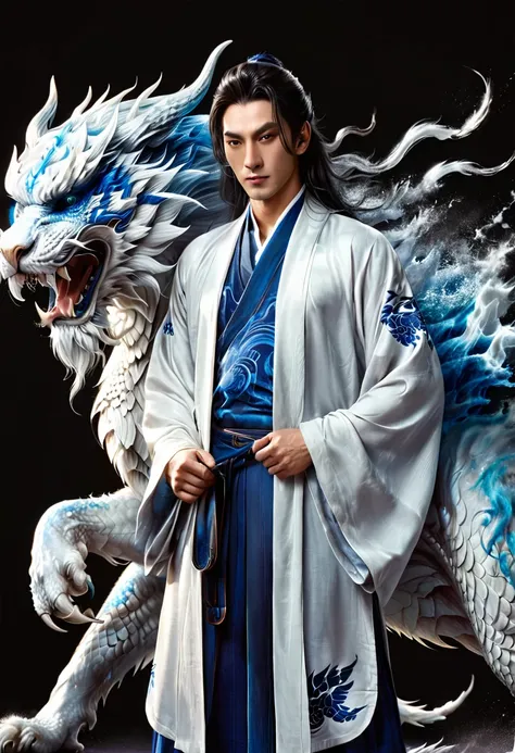 best quality,masterpiece,Ultra-high resolution,photoactual:4：0,Yamagishi,white dragon tiger beast,Teacher spirit,Handsome and handsome,oriental man,long hair shawl,Perfect body,Wearing dragon and tiger jersey,