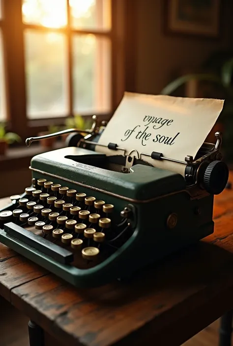 A vintage typewriter in a wooden table near the window in evening sunlight with it typing "voyage of the soul"in a paper